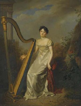 Firmin Massot Portrait of a lady, wearing a white dress and seated beside a harp a landscape beyond